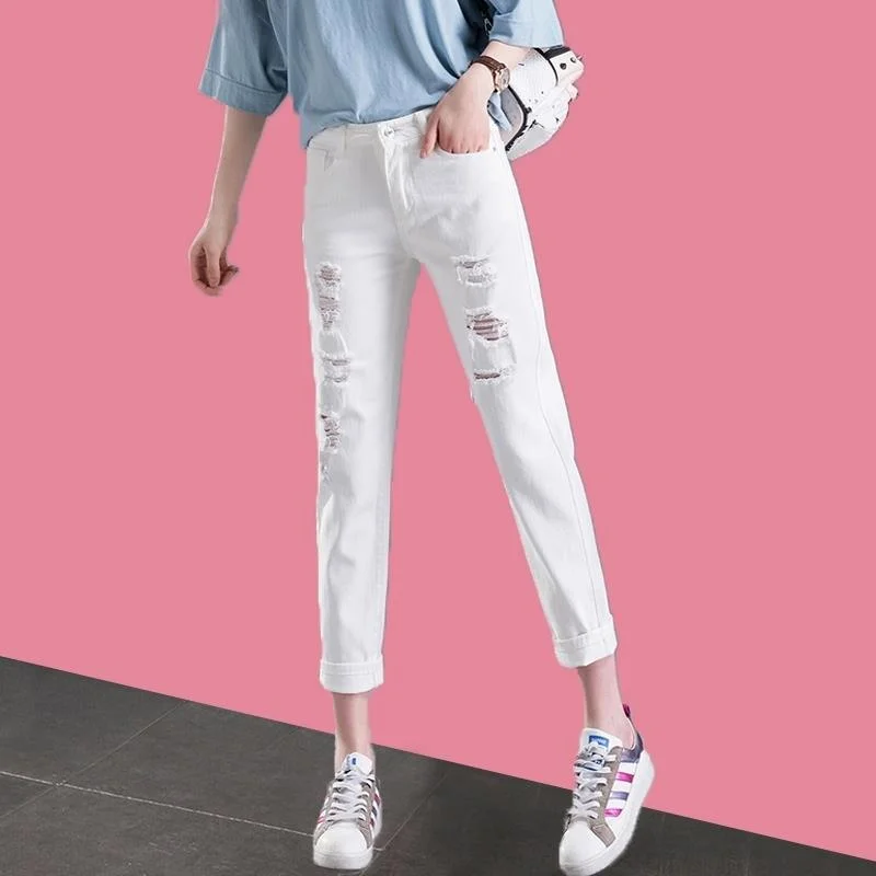 Wongn Loose Korean High-waisted Female Student Jeans New Spring and Autumn All-match Slim Slim Beggar Harlan Cropped Pants
