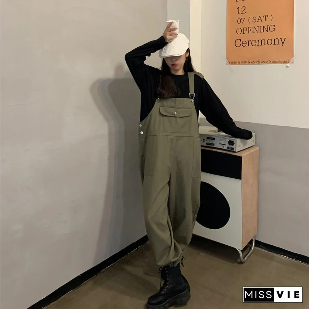 Cool Loose Pure Color Shirt Overalls Set