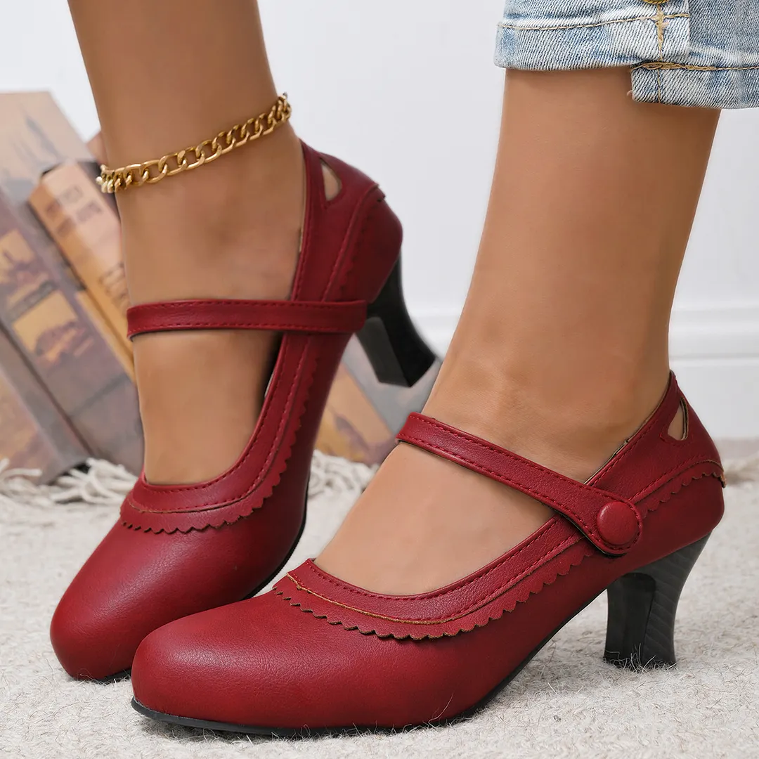 Breakj Breakj New Ladies Retro Mary Jane High Heels Large-Size Coarse Lace Round Head High Heel Single Shoes