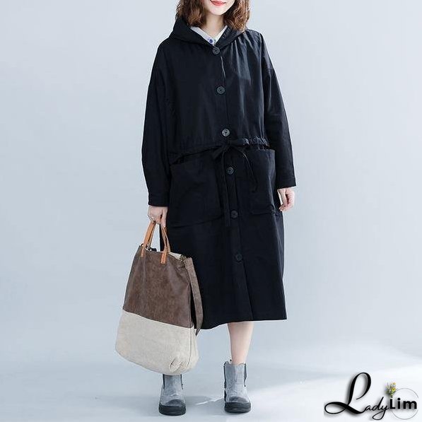 Black Casual Trench For Women Bandage Coats Hooded Button Pockets Loose Women Cloths