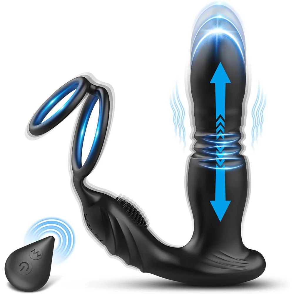 Remote Control Telescopic Prostate Massage Anal Vibrator with a Penis Ring - Rose Toy