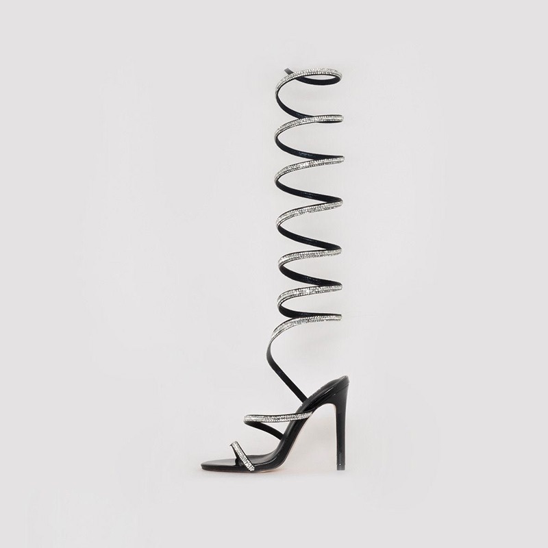 Black Open Toe Stiletto Heel Rhinestone Gladiator Sandals Nicepairs
