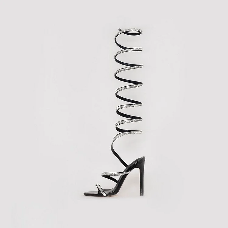 Black Strappy Rhinestone Gladiator Heels Stiletto Heel Sandals |FSJ Shoes