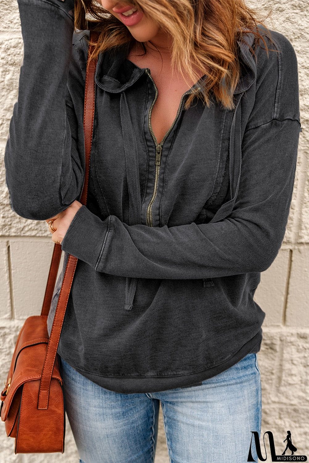 MidiSono - Zipped Front Stitching Hooded Sweatshirt