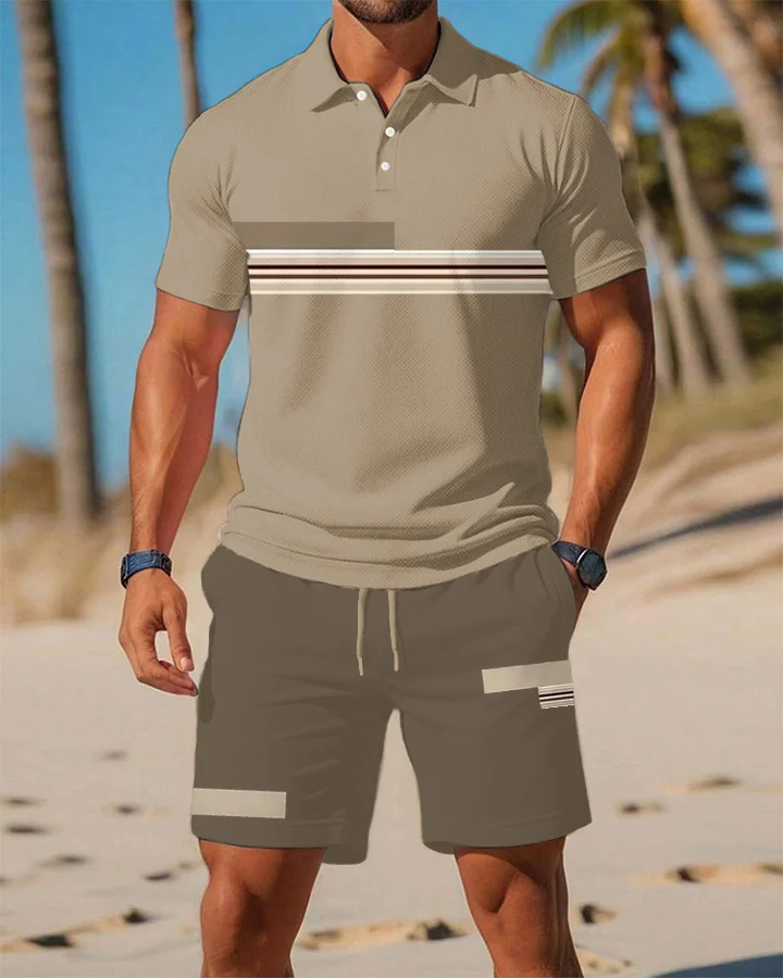 Men's Summer Beach Series Brown Horizontal Striped Fashion Printed POLO Shirt Set