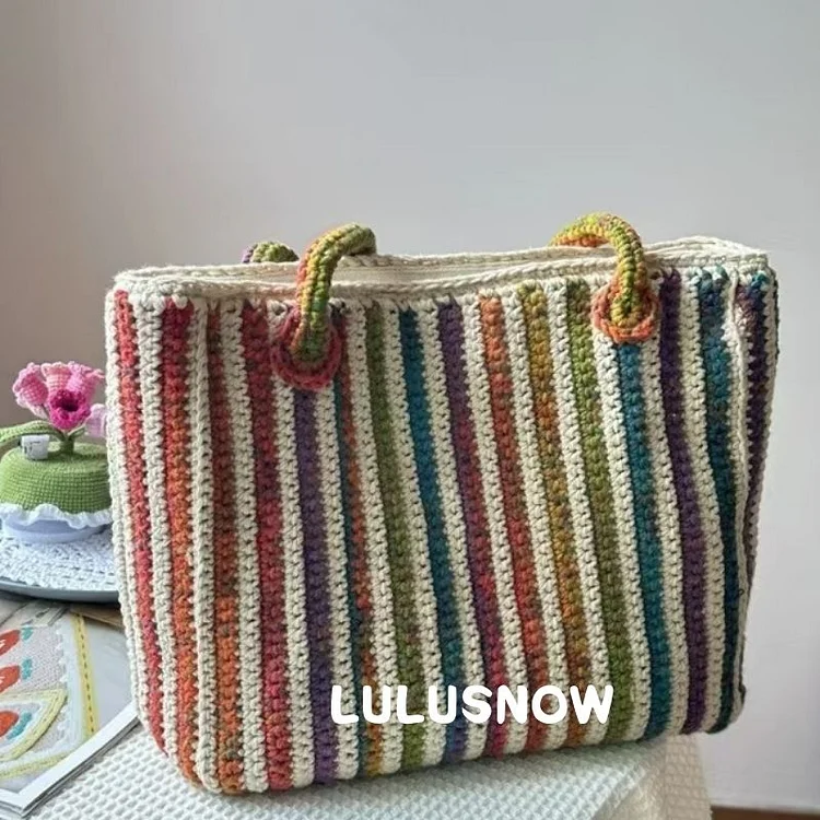 【New In】Lulusnow Handmade Gradient Rainbow Striped Patterns  Crochet Tote Bag Shoulder Bag  Gift Christmas/Valentine's/Easter