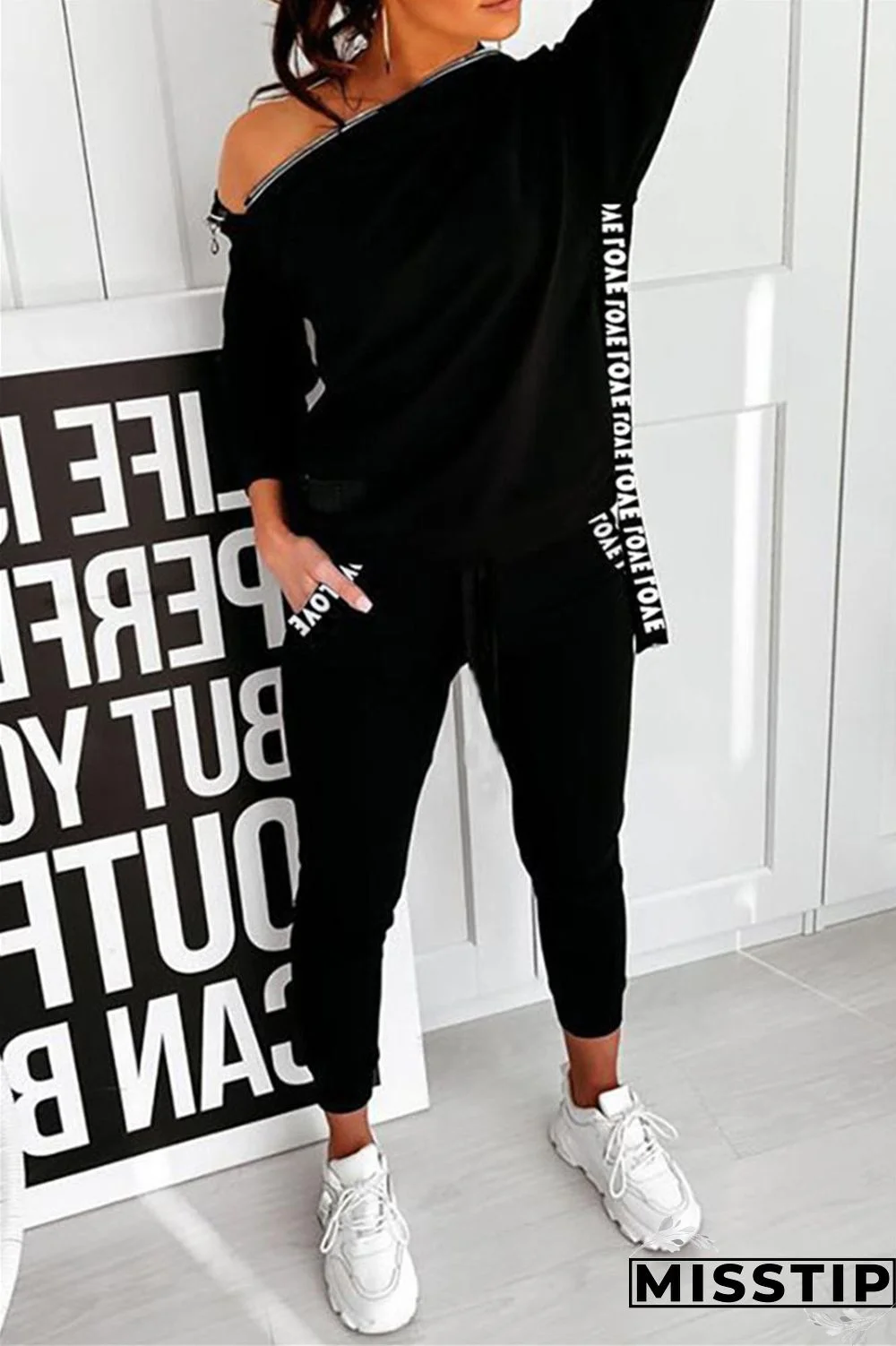 Black Fashion Casual Street Solid Regular Two Pieces