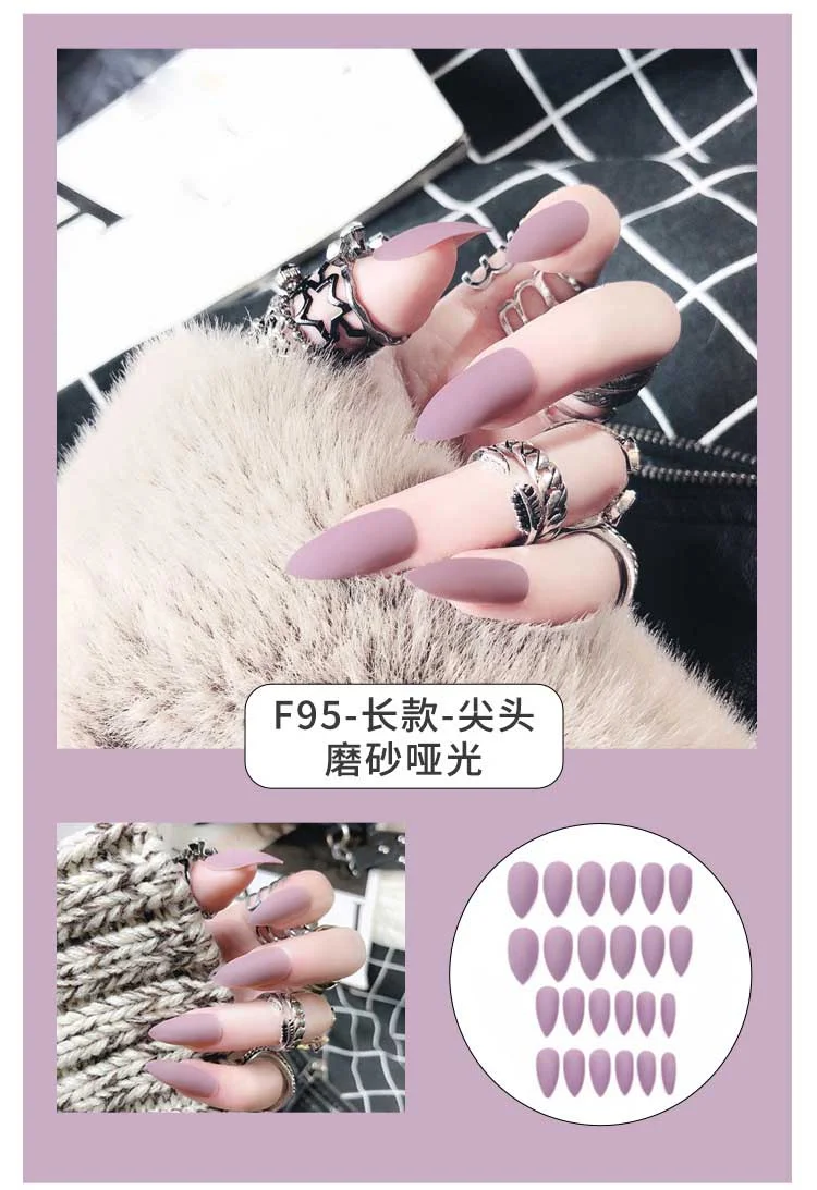 24Pcs Charming Fake False Nails Tips Wine Red Pointed Head Full Cover Nail Tips Long Style Nude Artificial Flase Nails with Glue-Nail Inspo