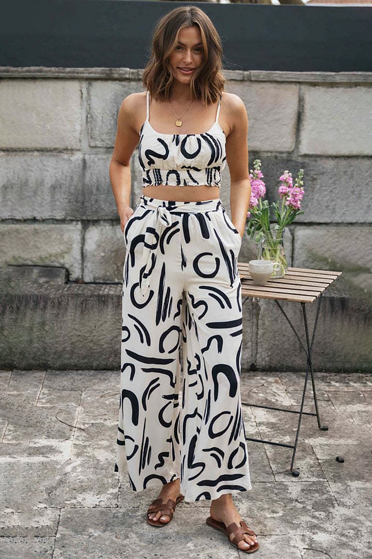 Doodle Printed Cami Crop Top Knotted Wide Leg Vacation Pants Matching Set