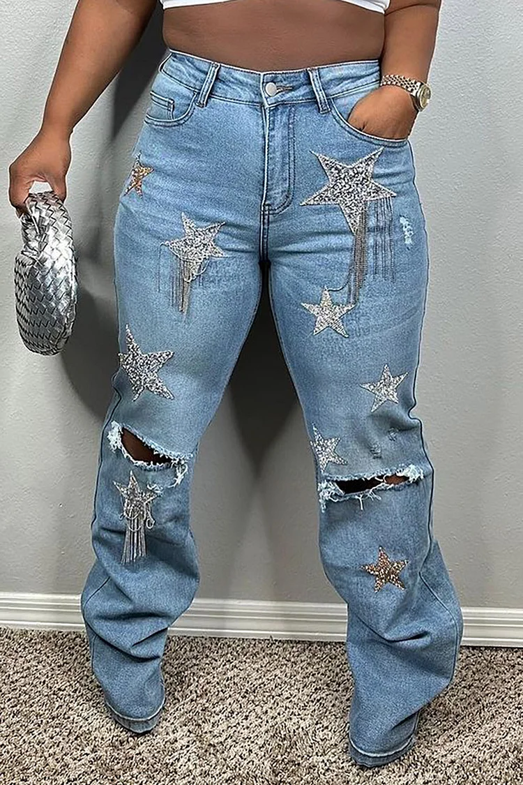 Plus Size Daily Jean Casual Blue Fall Winter Drilling Ripped Denim Jean With Pocket [Pre-Order]