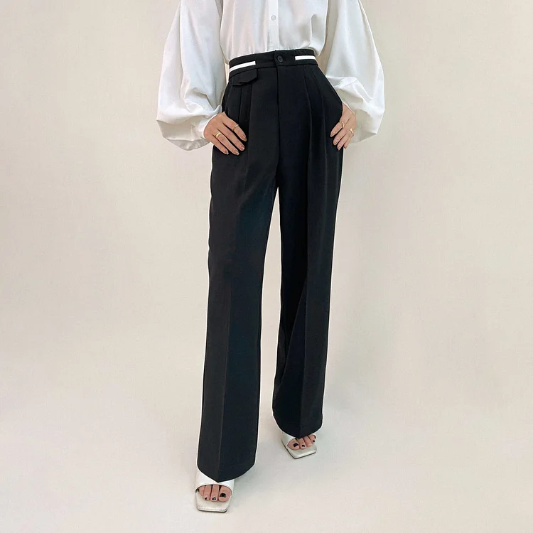 Black Contrast Strap Detail Wide Leg Work Pants QueenFunky