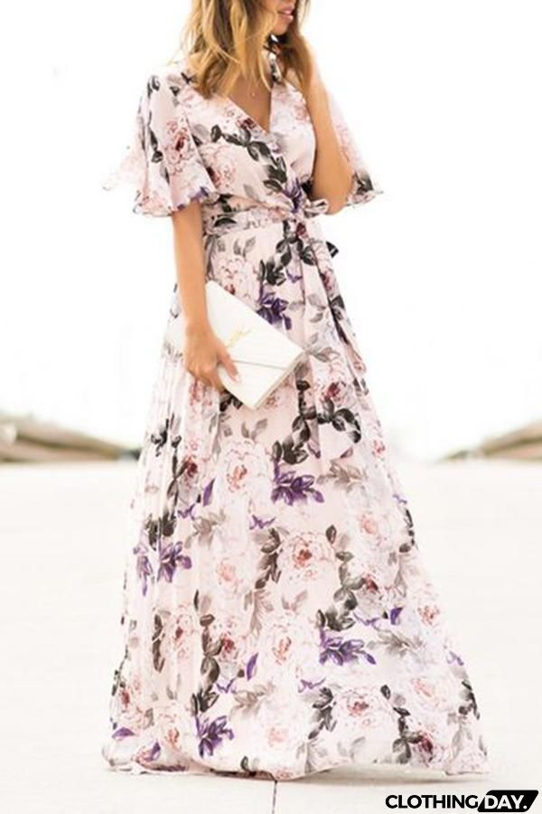 Sexy Short Sleeves Floral Print Vacation Maxi Dress