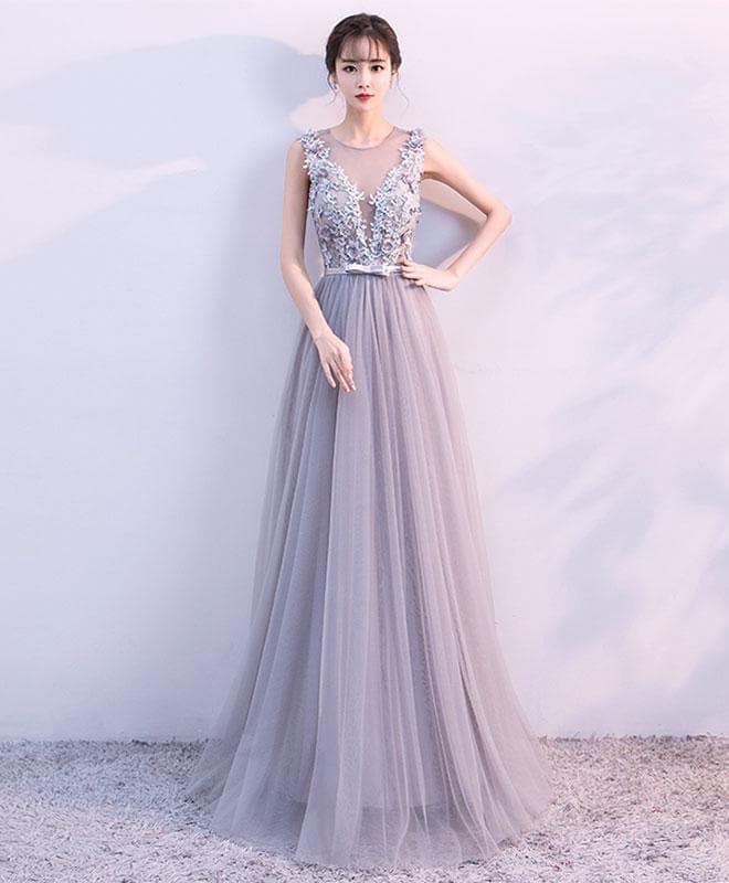 Gray A Line Tulle Lace Long Prom Dress, Lace Evening Dress
