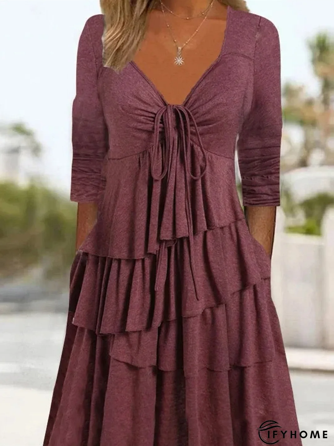 Women's Long Sleeve V-neck Irregular Cake Maxi Dress | IFYHOME