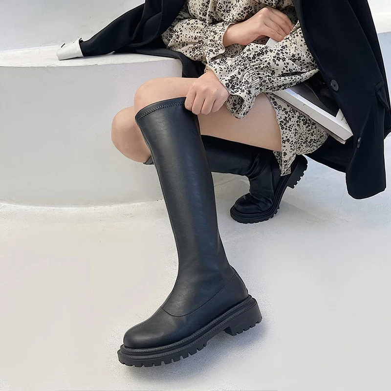 Women's Long Boots Soft PU Leather Autumn Shoes Thick Soled Platform Fashion Ladies Knee High Boots 2021 Solid Color Female Boot