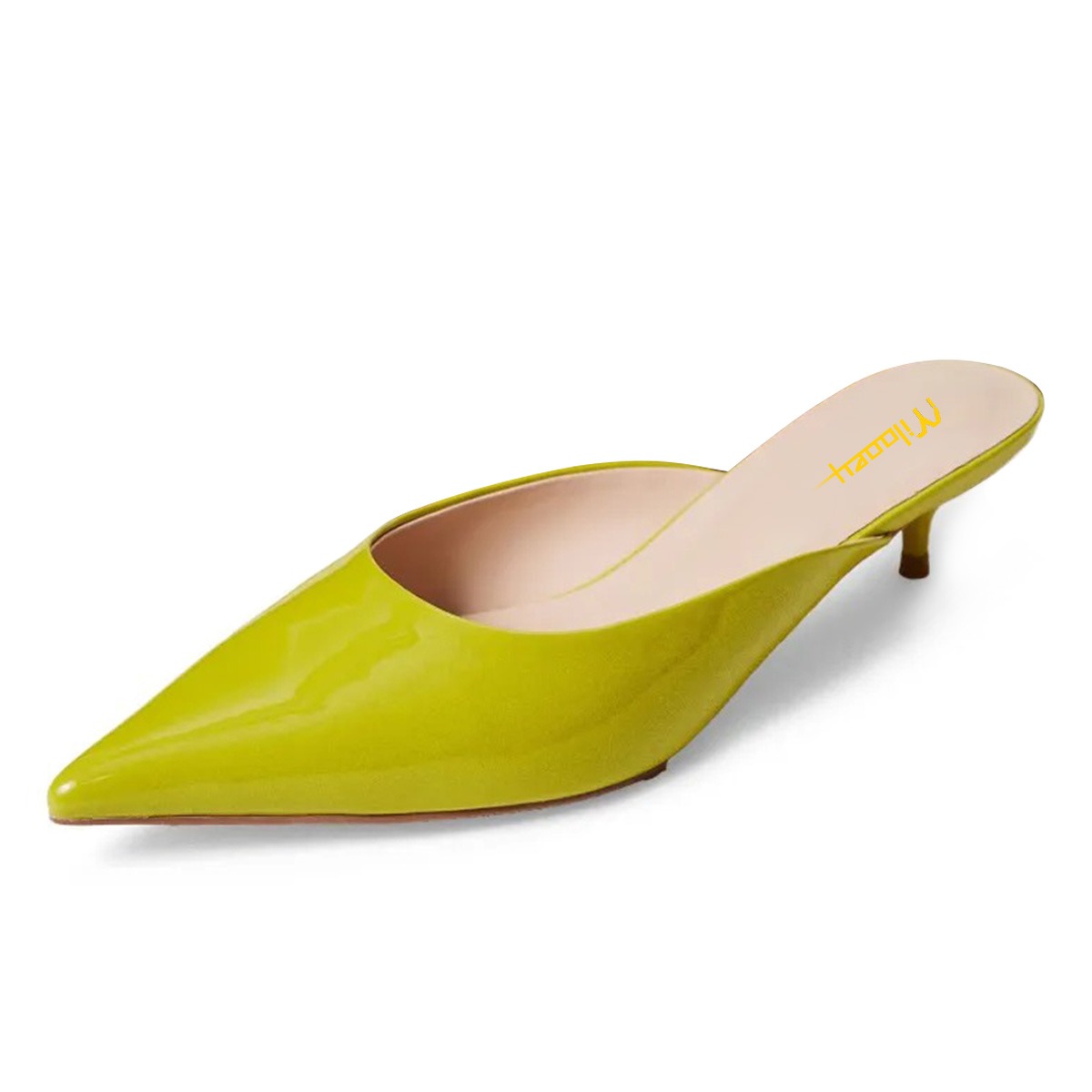 Women's Lemon Green Vegan Leather Low Heel Pointy Toe Mules Shoes Nicepairs