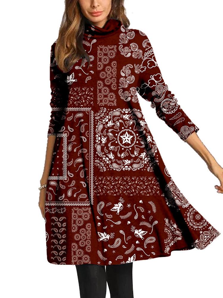 Women Long Sleeve Scoop Neck Printed Midi Dress