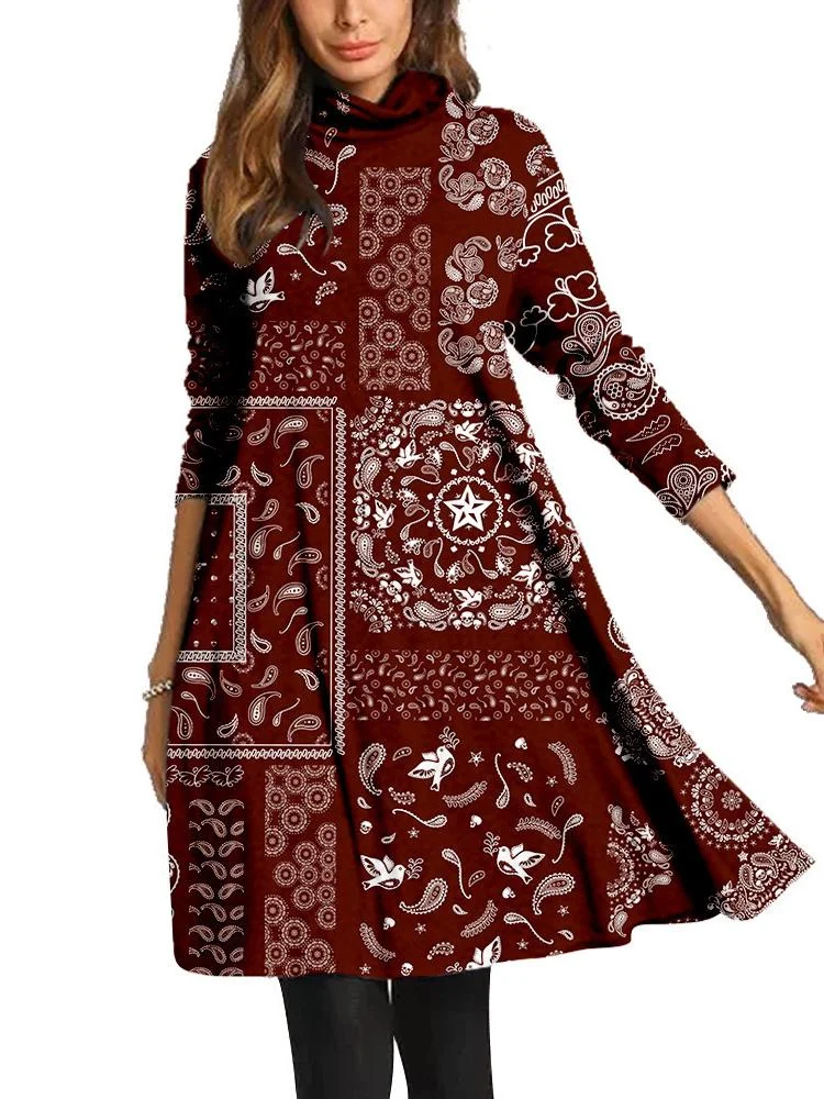 Women Long Sleeve Scoop Neck Printed Midi Dress