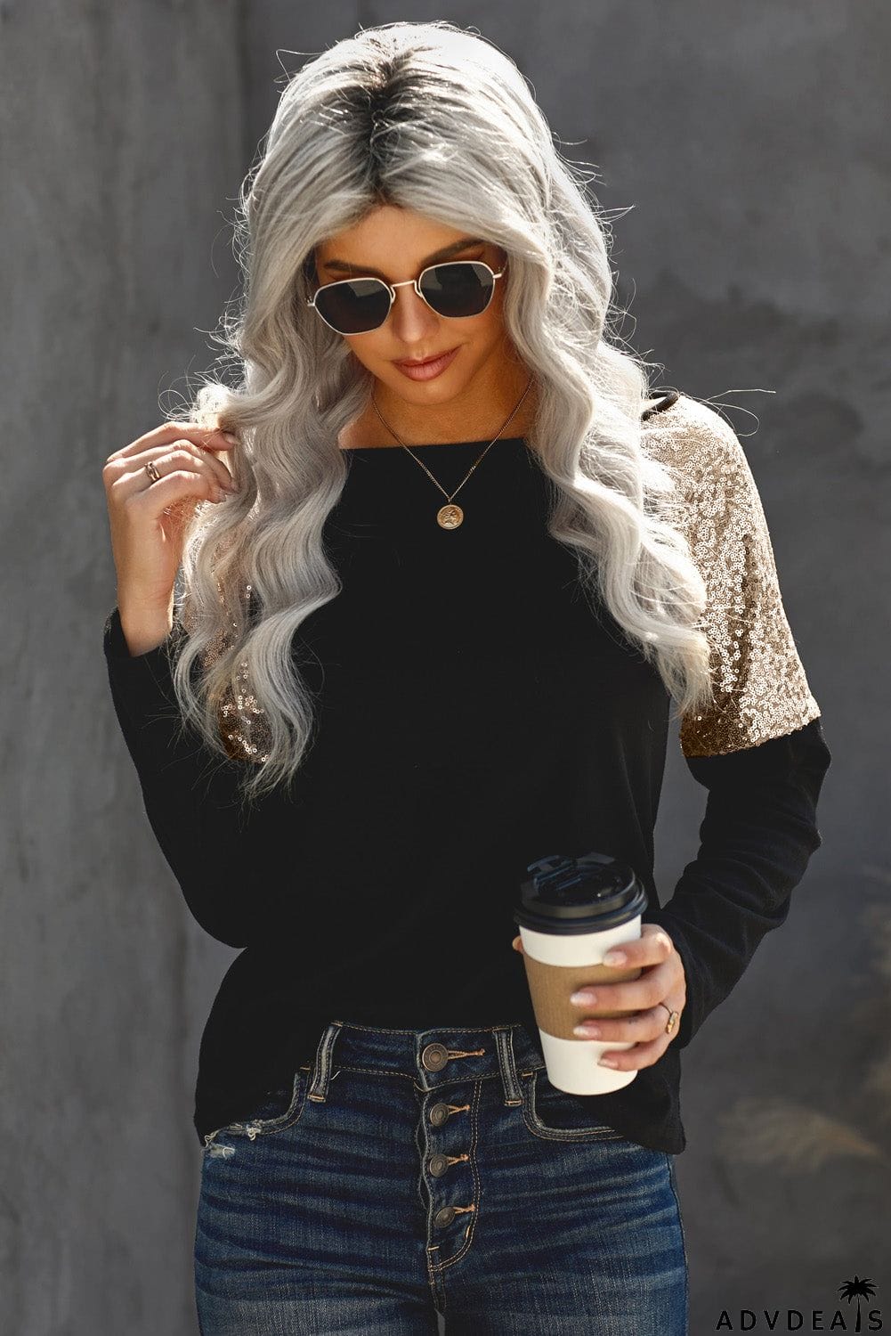 Sequin Shoulder Long Sleeve Top