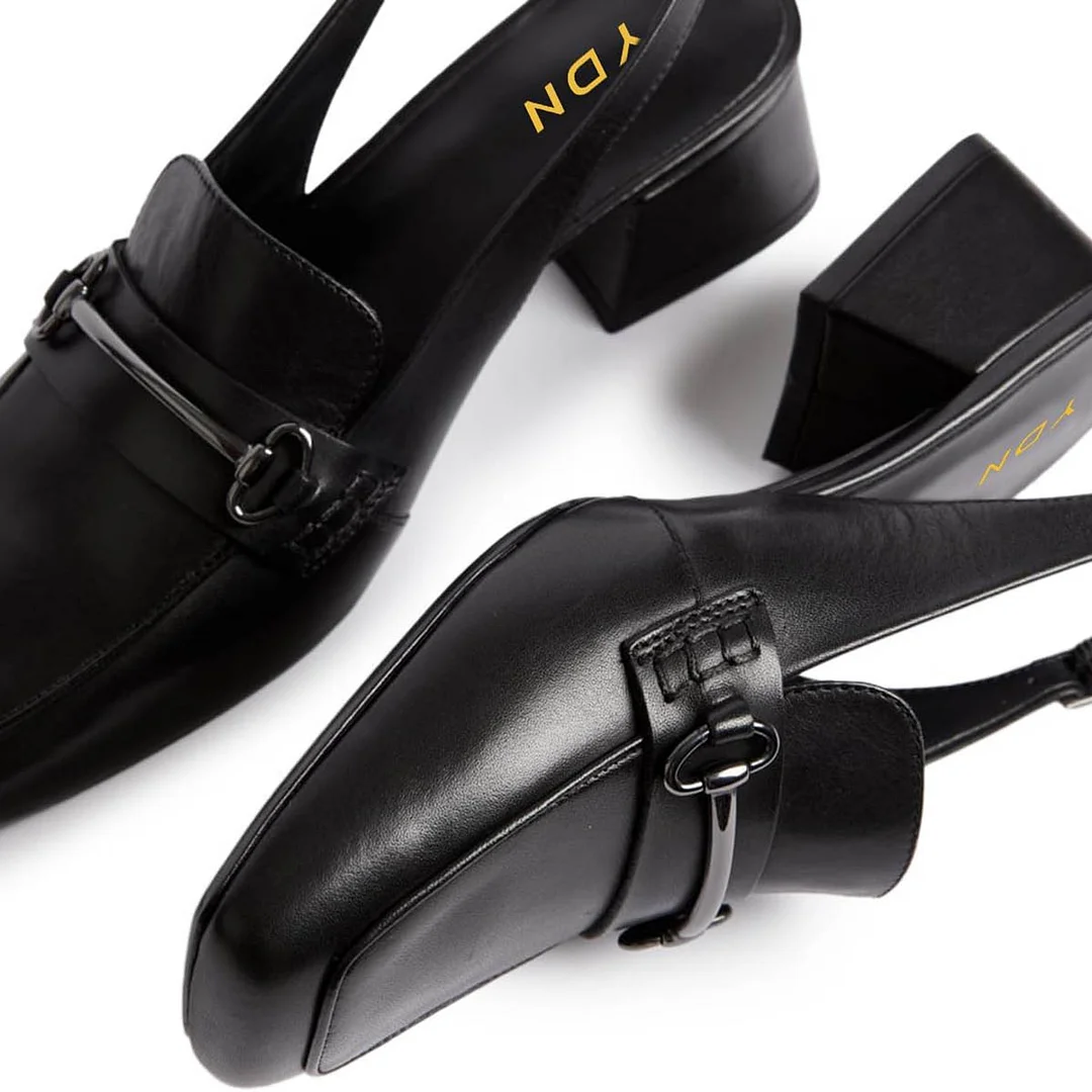 Elegant Square Toe Block Heel Loafer Slingback Black Pumps for Women