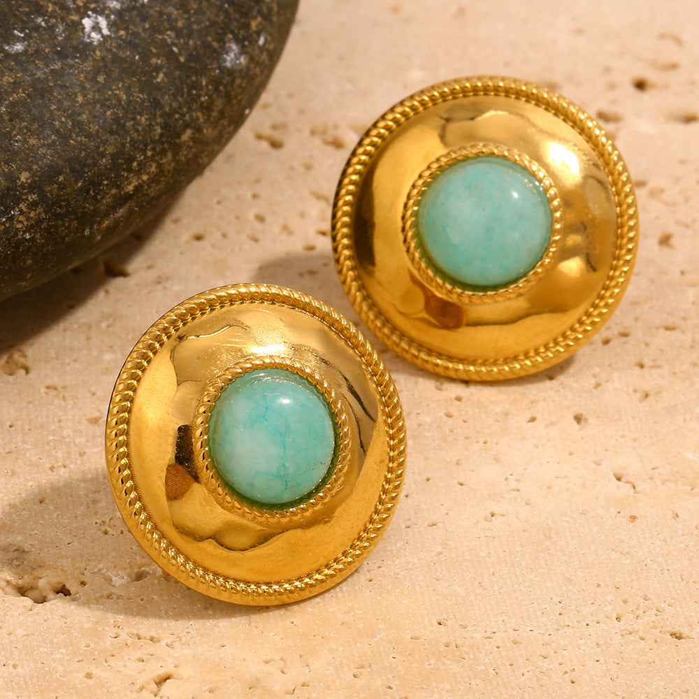 Fashion Retro Geometric French Pattern Earrings Stainless Steel Plated 18K Gold Amazonite Round Earrings