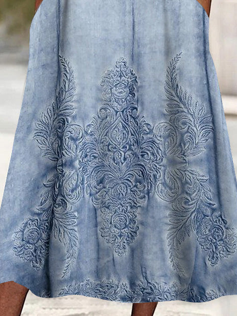 Women's 3/4 Sleeve V-neck Floral Printed Lace Stitching Midi Dress