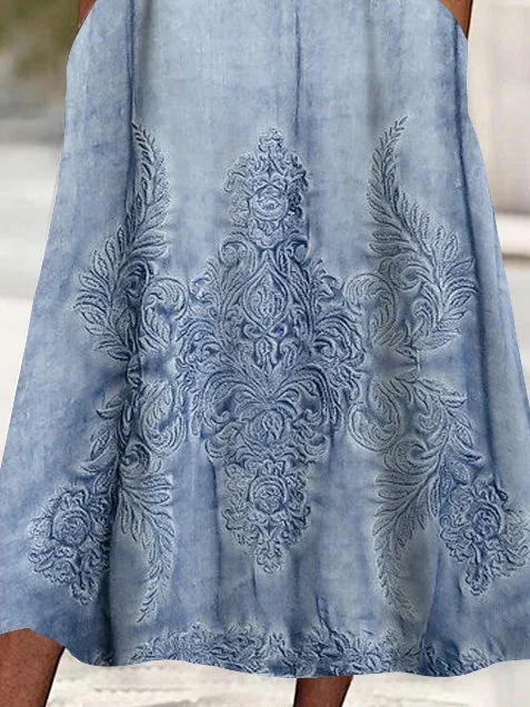 Women's 3/4 Sleeve V-neck Floral Printed Lace Stitching Midi Dress