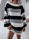 Off-The-Shoulder Contrast Color Striped Loose Long Sleeve Sweater Mini Dress