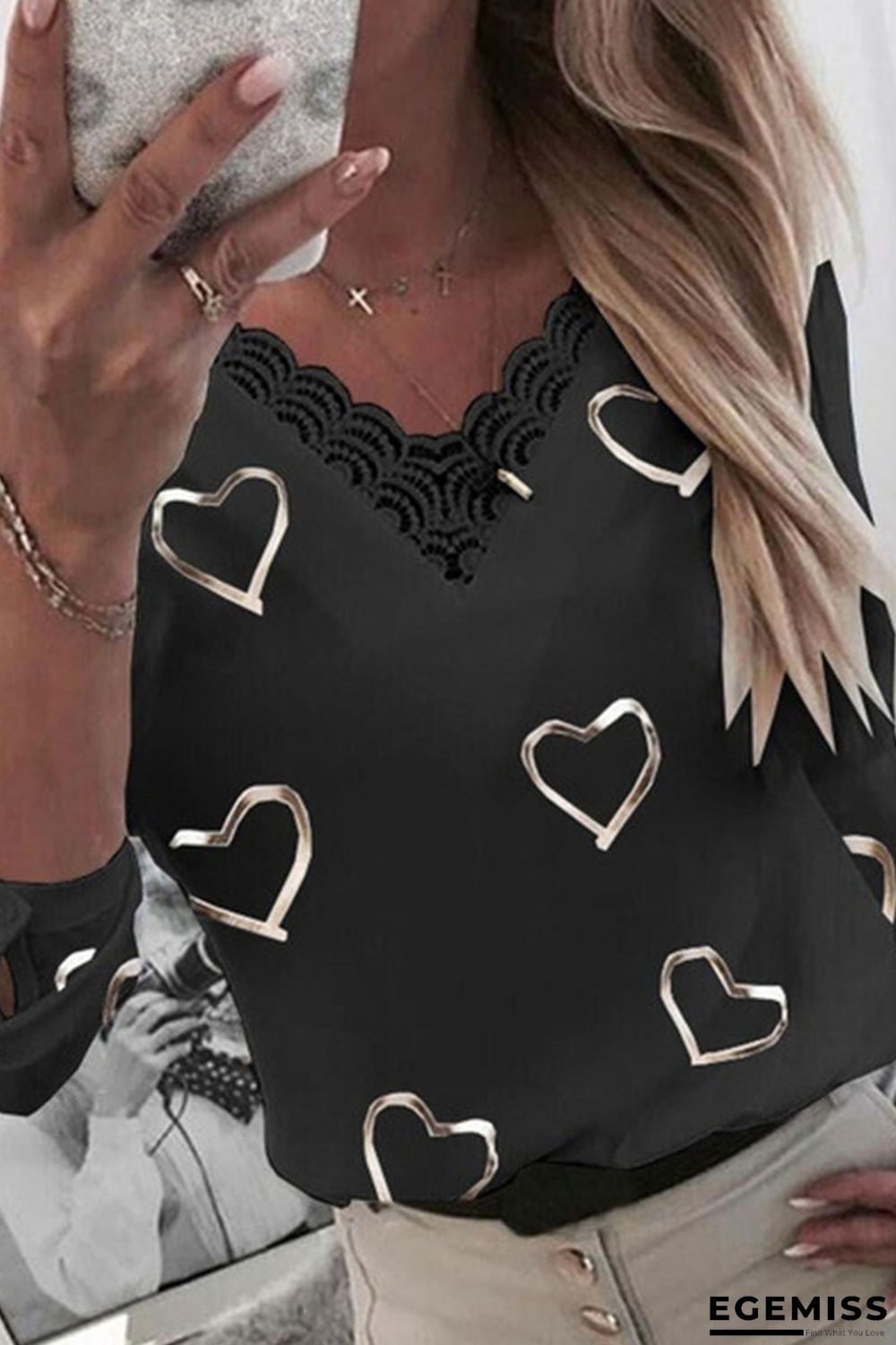 Black Fashion Casual Print Patchwork V Neck T-Shirts | EGEMISS