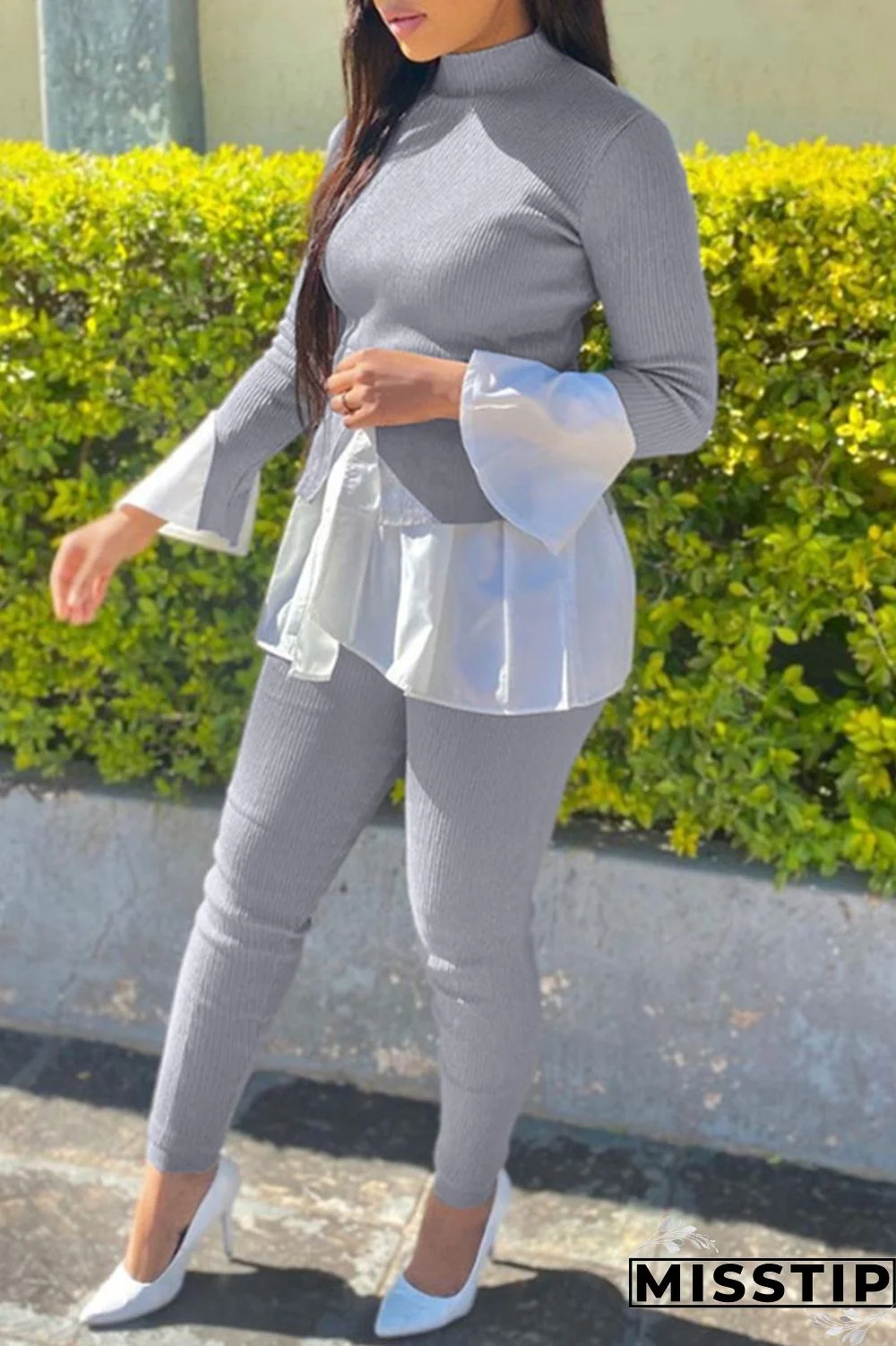 Grey Fashion Casual Patchwork Asymmetrical Half A Turtleneck Long Sleeve Two Pieces