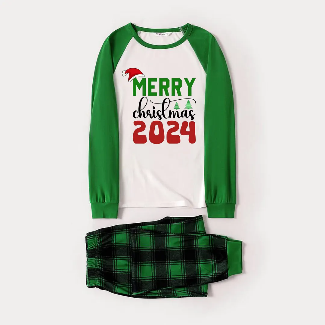 Merry Christmas 2024 Print Long Sleeve Top With Green & Black Plaid Christmas Matching Pajamas