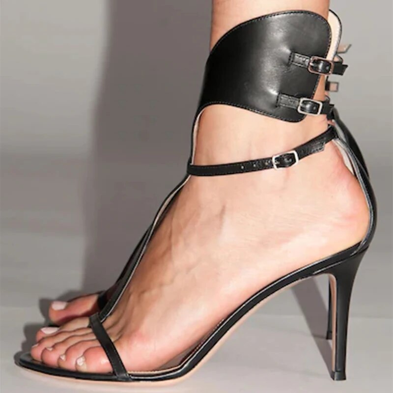 TAAFO Black Stiletto High Heels Women Sandals Narrow Band Ankle Wrap Buckle  Ladies Shoes