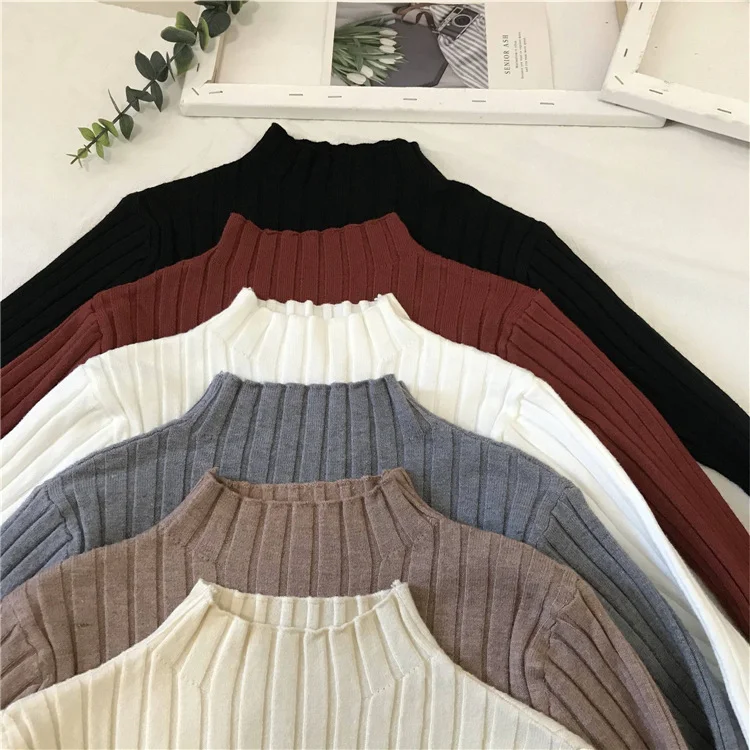 Uveng Uveng Winter Half-High Sweater Women Long Sleeve Pure Color Spring And Autumn Pit Stripe Loose Knitted Bottom Shirt