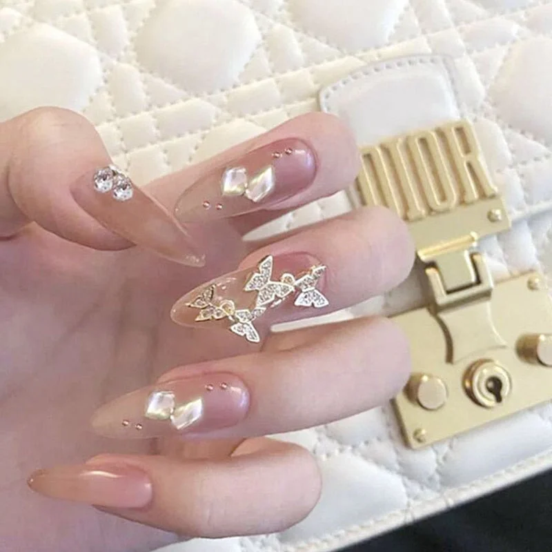 24pcs Rhinestone Design Fake Nails Shiny Bridal Women Lady party nail DIy Decorations Press On nail Tips False Nail Patch-Nail Inspo