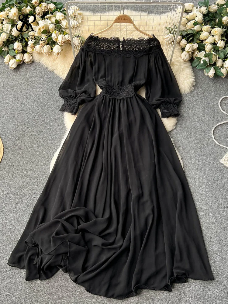 Huibahe France Retro Maxi Dress Slash Neck Long Lantern Sleeves Lace Patchwork Zipper Solid Women Elegant Senior Vintage Dress