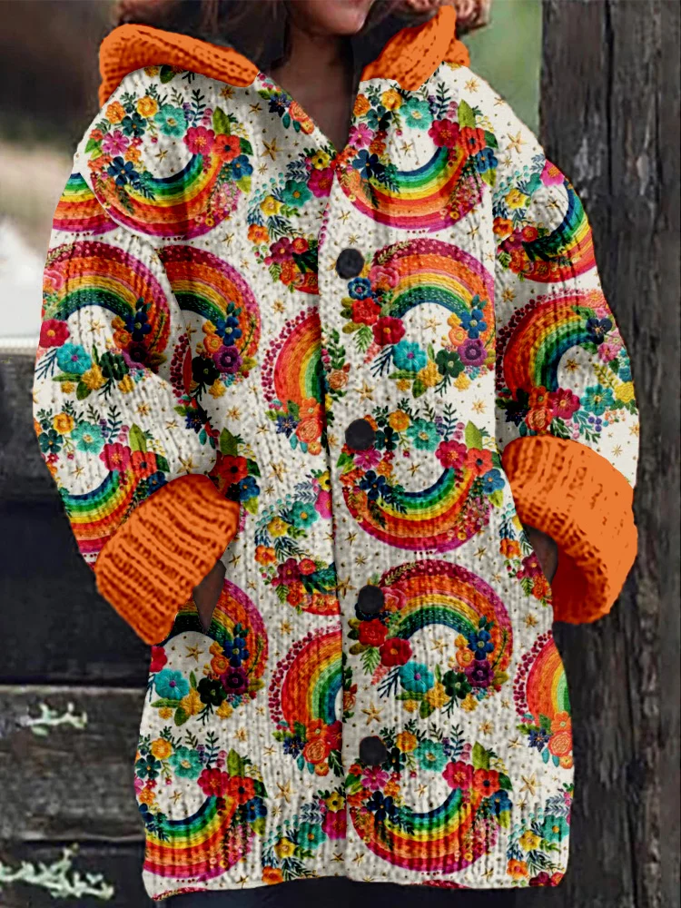 Bright Floral Rainbow Embroidery Art Cozy Knit Cardigan