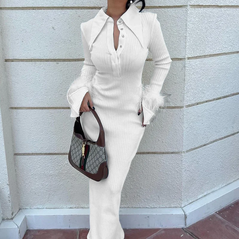 Woherb Woherb Spot 2024 Autumn / Winter New Women's Fashion Lapel Banquet Feather Long Dress Dress-Outfit Ideas