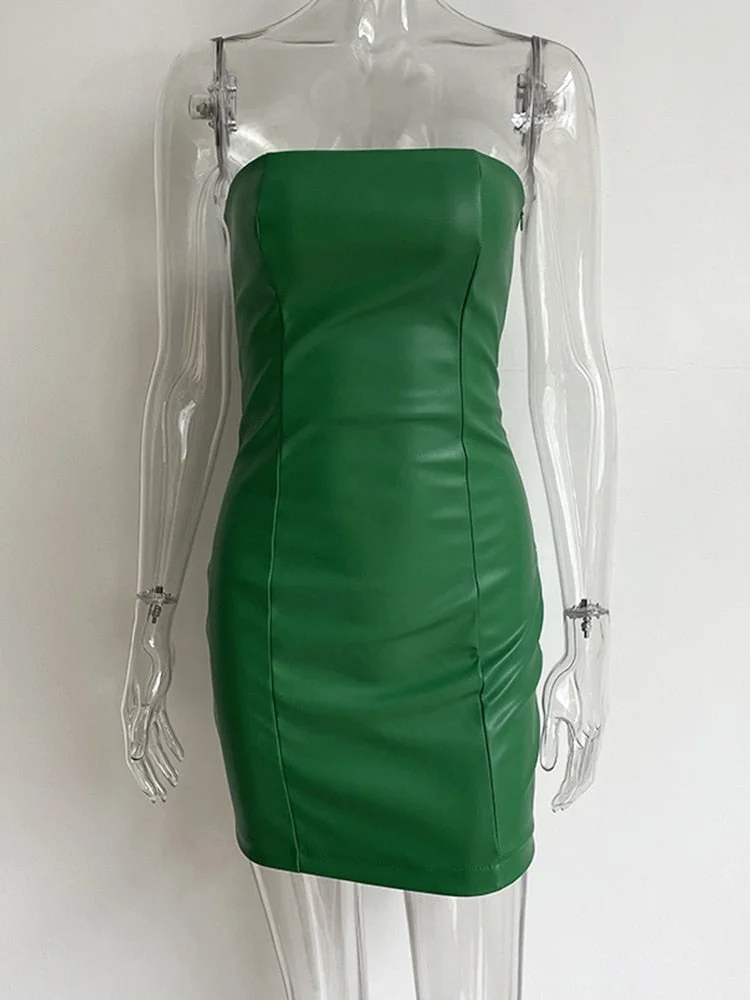 JacuqeLine Summer 2022 Sexy Club Strapless Bodycon Dress Women Mini PU Leather 90s Street Fashion Y2K Party Dresses Backless