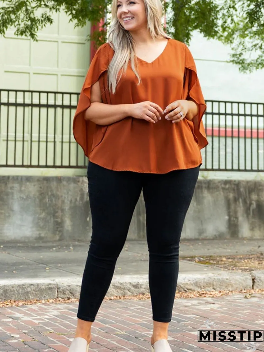 Golden Flame Wrap Sleeve V-Neck Plus Size Blouse