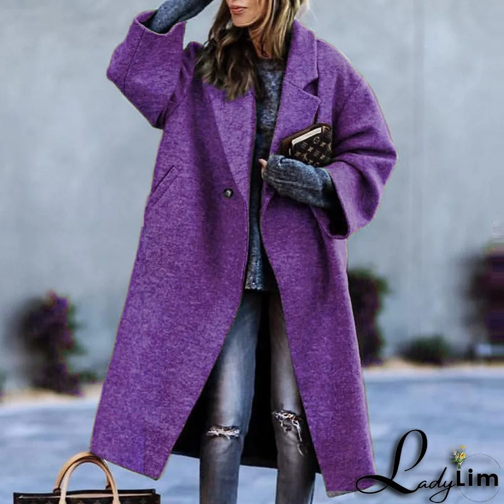 Daily Lapel Collar Long Sleeve Solid Woolen Trench Coat