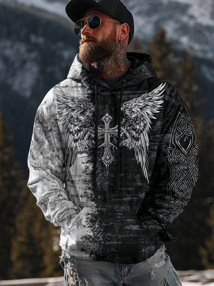 Men's Black And White Patchwork Hooded Casual Sweatshirt elevenforest