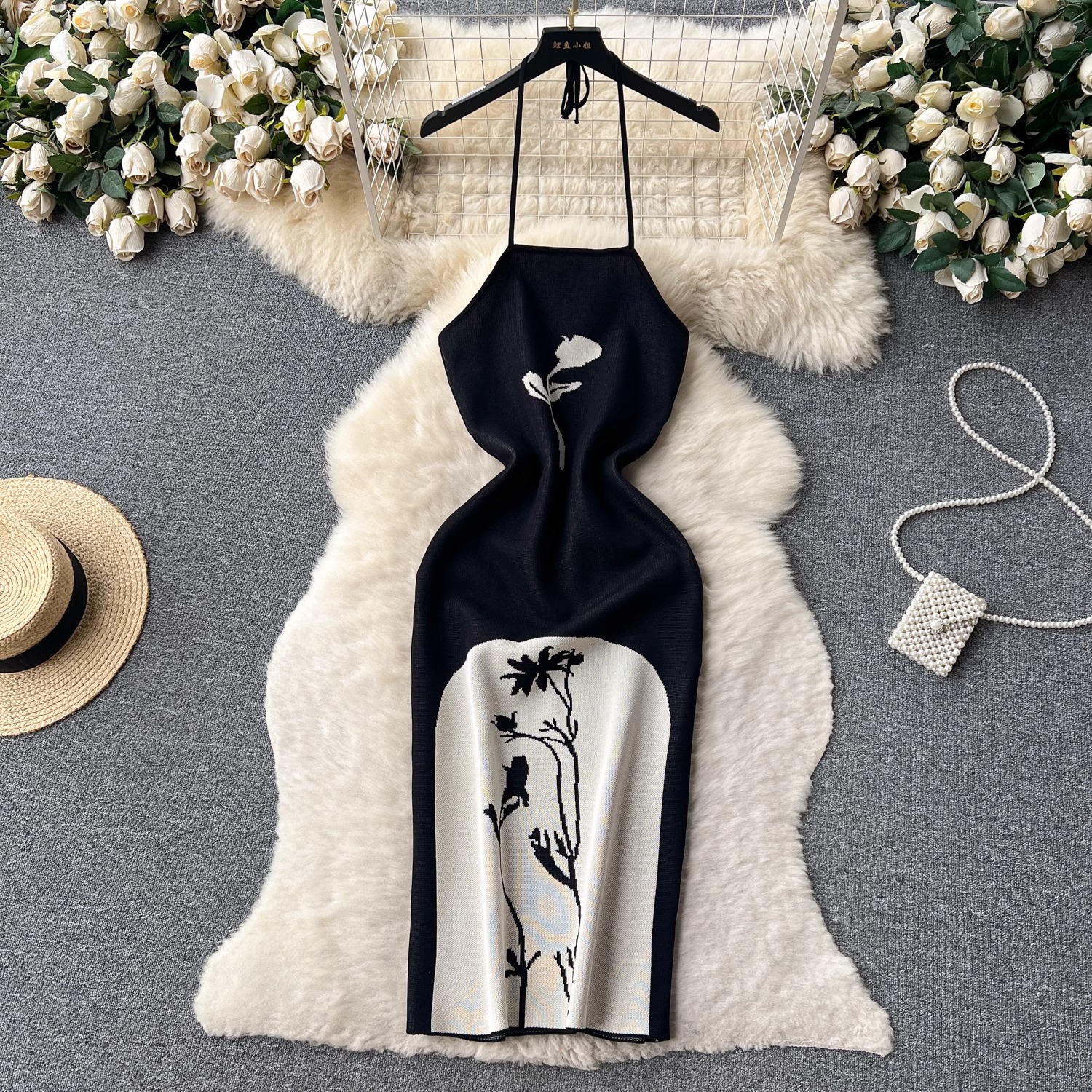 YuooMuoo Vintage Y2K Floral Knitted Black Dress Women Sexy Wrap Hips Halter Club Bodycon Dress Lady Streetwear Vestidos