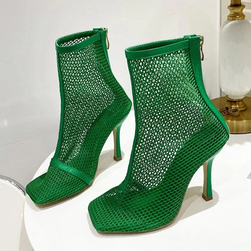 Black Green Nets Mesh Hollow Out Ankle Boots Women Sandals Fashion Square Toe Stiletto Heels Pumps Zipper Party Dance Shoes