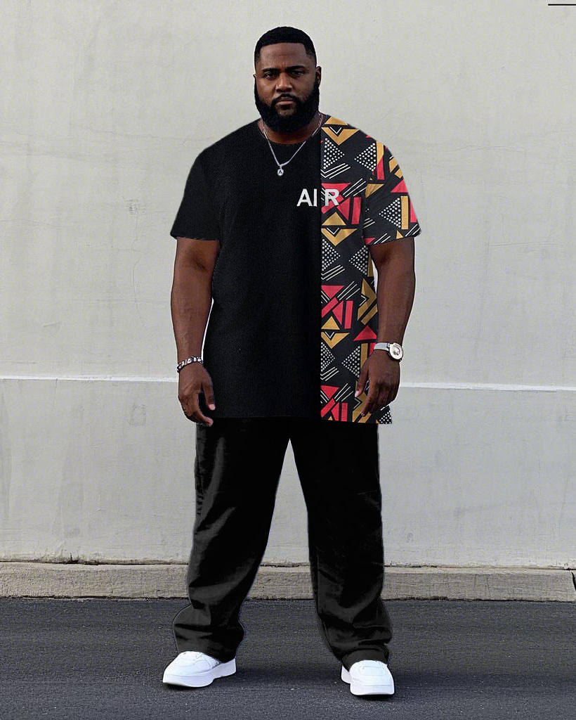 Men's Plus Size Black Ethnic Pattern Stitching Printed Short Sleeve T-shirt Trousers Suit