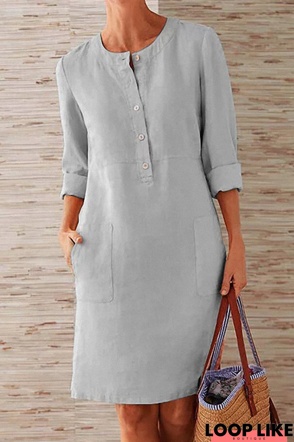 Casual Solid Pocket Buckle O Neck Long Sleeve Dresses(6 Colors)