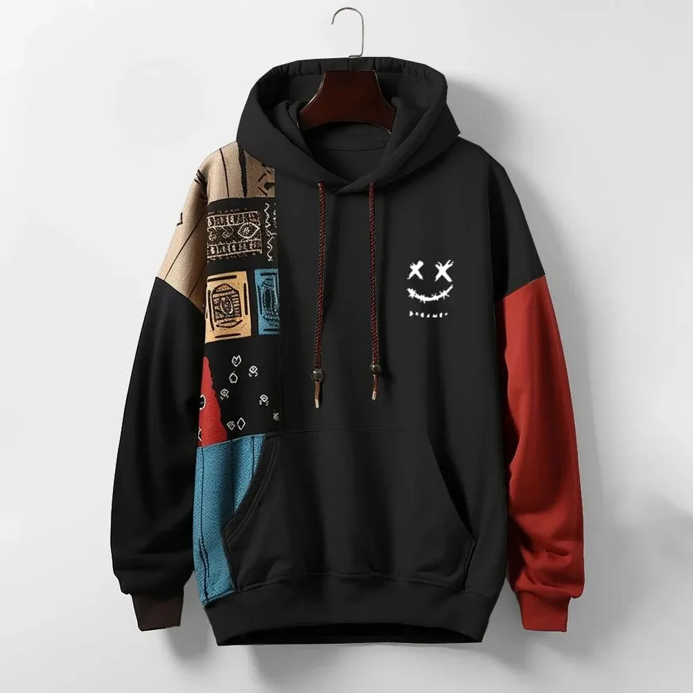 Men's Cotton-Blend Hoodie &ndash; Contrast Patchwork Casual &ndash; Black