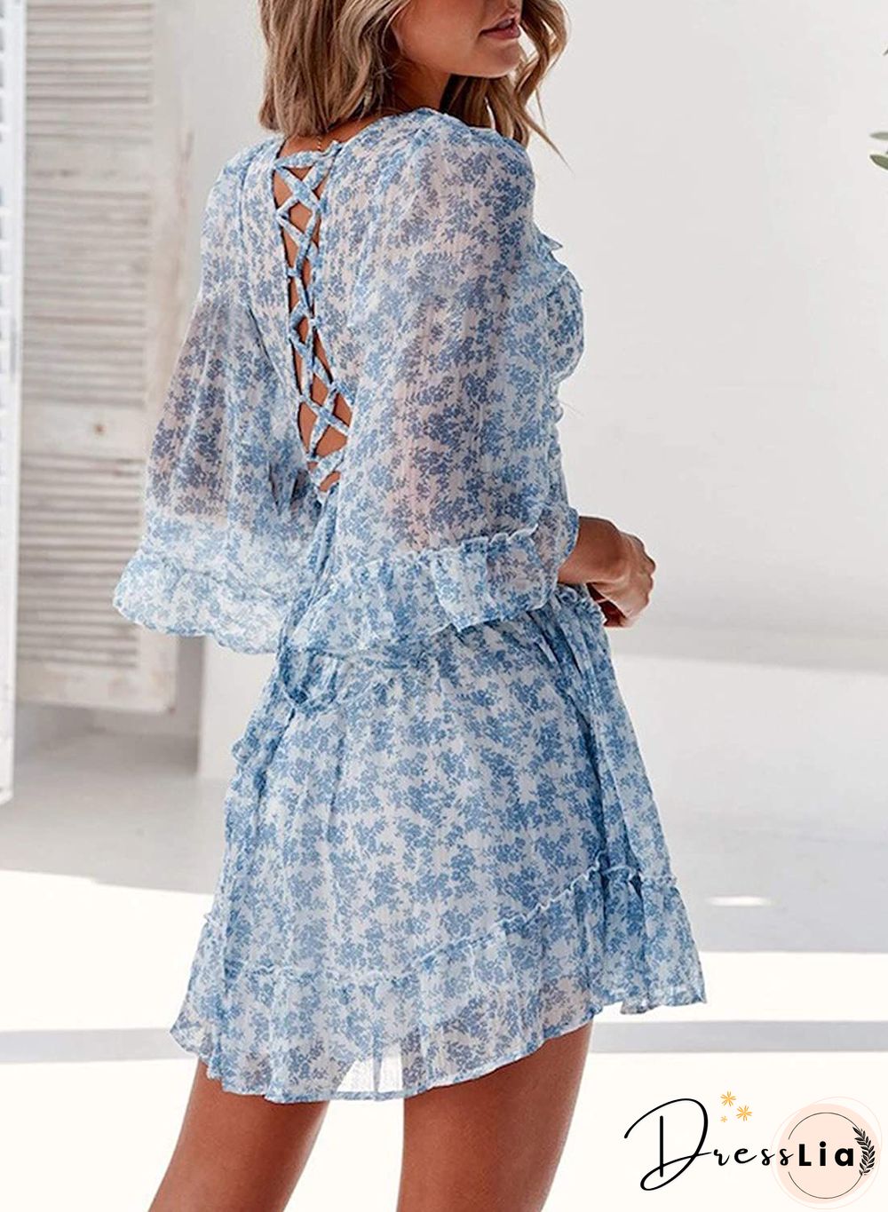 Ditsy Floral Prints Ruffle Edge Tiered Long Sleeve Boho Dress