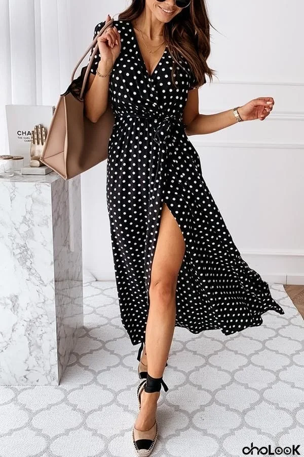 Free Falling Polka Dot Wrap Maxi Dress