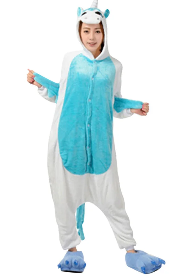 Womens Hooded Unicorn Pajamas Onesies Animal Costume Blue-elleschic