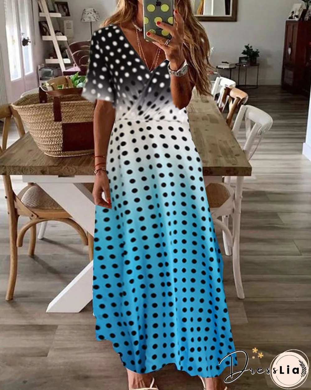 Casual V-Neck Polka-Dot Gradient Long Dress